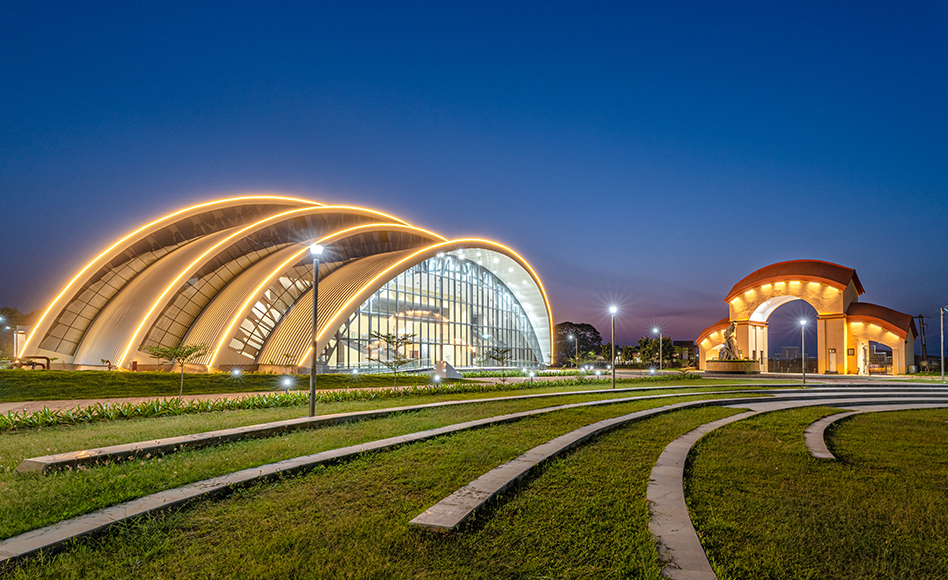 Night view of Biswa Bangla Biswabidyalay with illuminated modern architecture