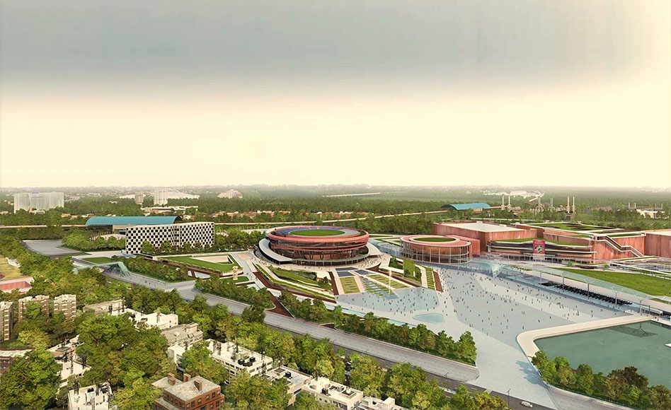 Wide aerial view of Pragati Maidan exhibition complex in New Delhi