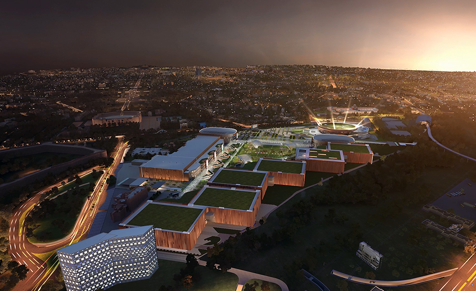 Wide aerial night view of Pragati Maidan