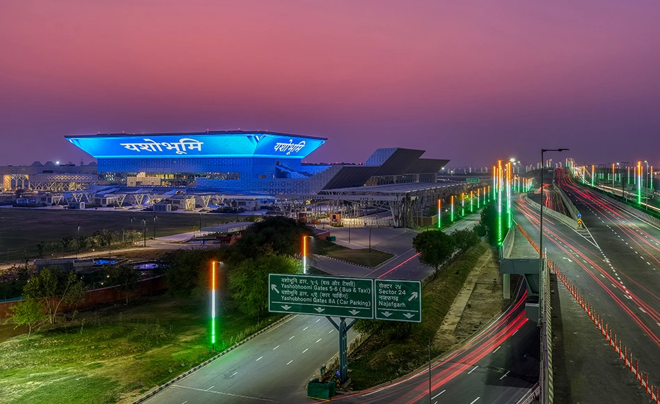 Yashobhoomi Convention Centre night view with exterior lighting